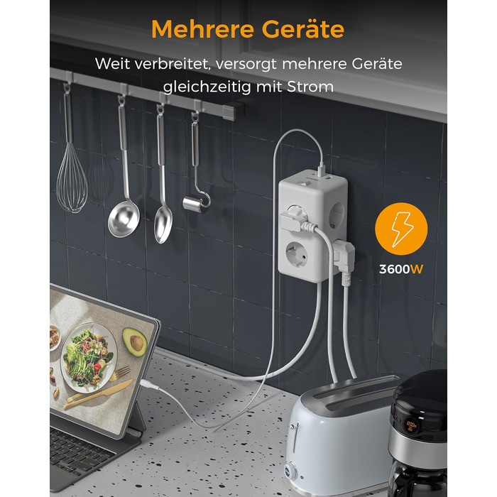 Мережевий фільтр TESSAN 6 розеток з USB-C, 9 в 1, з вимикачем, 2м кабель, для дому та офісу