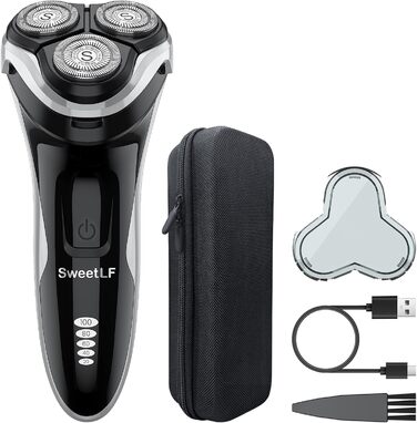 Електричний гоління SweetLF [2023 Neu] для чоловіків з 3D-головкою, LED-дисплеєм, 3 змінні насадки та зарядним пристроєм, IPX7 водостійкий, чорний колір, з екіпіровочним кейсом
