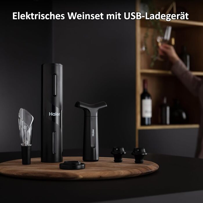 Електричний відкривач пляшок Haier з нержавіючої сталі, набір аксесуарів для вина: декантер, вакуумний корок, різак для фольги, USB-зарядний пристрій