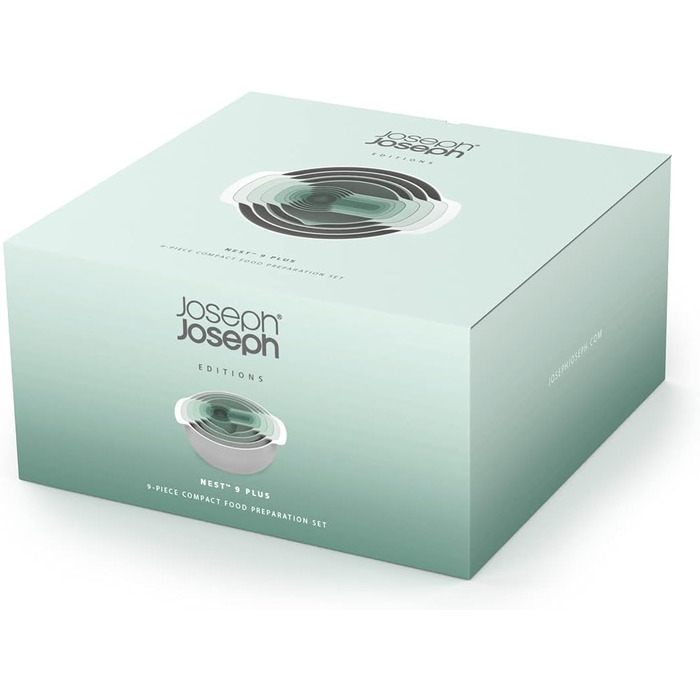 Joseph Joseph Nest 9 Plus, 9-piece compact food preparation set with mixing bowls, measuring cups, colander and sieve, Editions Range, Sage Green, Green