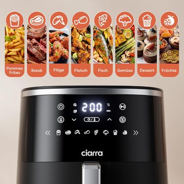 Фритюрниця повітряна CIARRA з цифровим дисплеєм, 5 л, без олії, антипригарне покриття, 8 режимів приготування