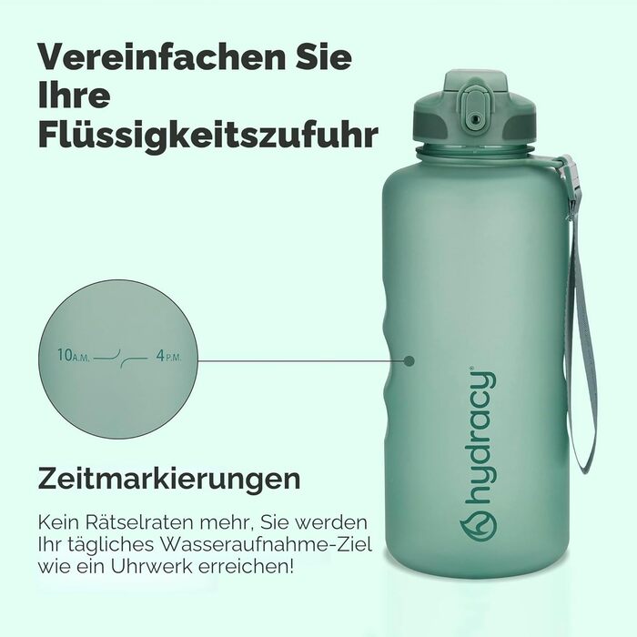 Пляшка для води Hydracy з соломинкою та мітками часу 2л - Спортивна пляшка без BPA, герметична, не конденсується - Moonlight Green