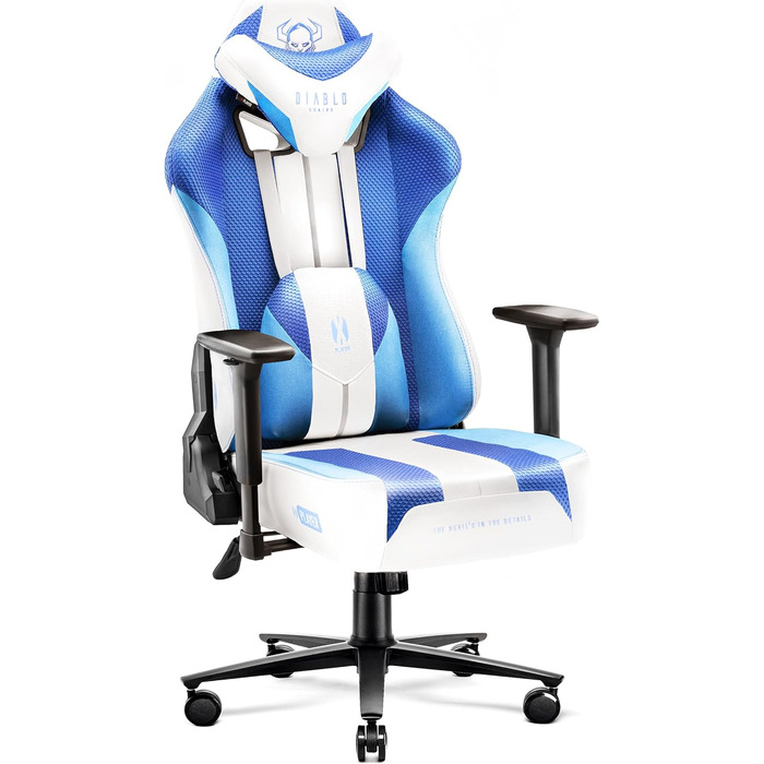 Ігрове крісло Diablo X-Player 2.0 Frost White, тканинне, ергономічне, 3D підлокітники, подушки для шиї та попереку, широка сидушка, вага до 150 кг, офісне/геймерське крісло, розмір L