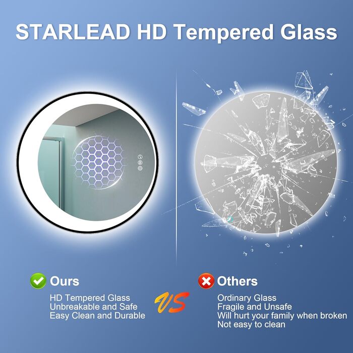 Дзеркало для ванної кімнати STARLEAD з LED-підсвічуванням 90x60 см, Bluetooth, регулювання яскравості, 3 кольори світла, протитуманне покриття, функція пам'яті, HD скло, IP44, горизонтальне/вертикальне, без рамки