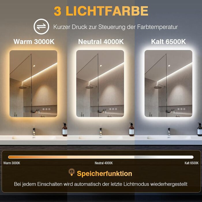 Дзеркало для ванної кімнати з підсвічуванням 50 x 70 см, LED дзеркало з протизапарюючим покриттям, 3 кольори світла, регулювання яскравості, прямокутна форма, сенсорне управління, функція пам'яті, горизонтальне/вертикальне кріплення, без рамки