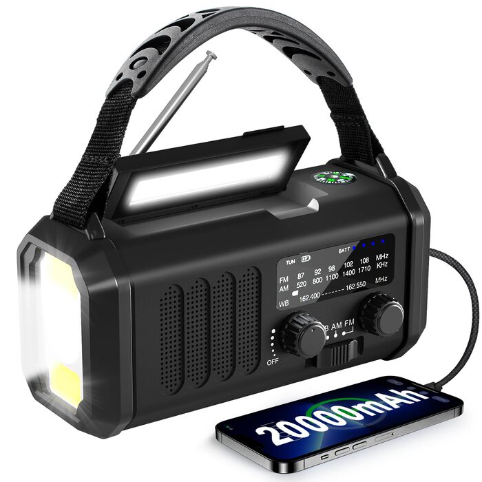 Радіостанція Leaton з ручним заводом, NOAA, AM/FM, 20000 mAh | Сонячна Power Bank, USB-C, ліхтарик, SOS-сигнал для кемпінгу та надзвичайних ситуацій (Чорний)