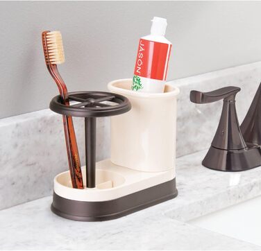 mDesign Toothbrush Holder - high-quality toothbrush holder made of plastic for the bathroom sink or vanity cabinet - practical holder for toothbrushes and toothpaste - white and matte silver (Vanilla/Bronze)
