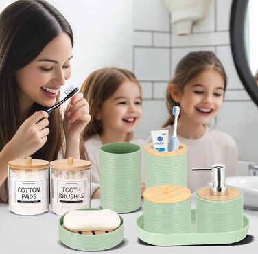 Набір для ванної кімнати IMAVO, 26 предметів: аксесуари для ванної, душова завіса, килимки, сміттєвий бак, піднос, дозатор мила, мильниця, тримач для зубних щіток, стакан для зубних щіток (зелений)