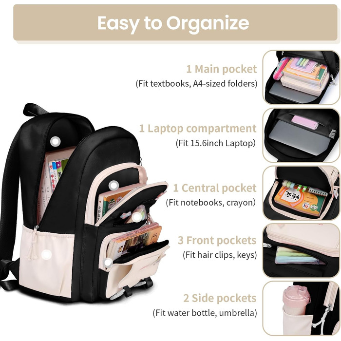 Шкільний рюкзак Tanou для дівчаток, підлітків, 3-7 клас, велика місткість, легкий нейлон, чорний