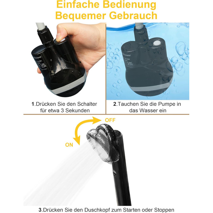 LIBERRWAY Camping Shower with Pump, Camping Shower Set with Rechargeable Battery, 2m Shower Hose Outdoor Shower for Garden, Beach, Camping, Travel, Car Washing, Mobile Shower Black (Black)