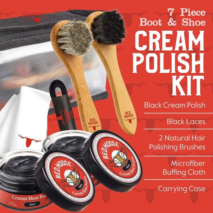 RED MOOSE 7PC Full Leather Shoe Cream Set - 2x Brush, Polishing Cloth, Travel Bag, Shoelaces, Black (black), One Size