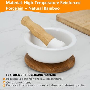 Ступка керамічна з товкачиком на бамбуковій підставці 12 см для спецій та трав - Млинок для перцю, ванілі, морської солі