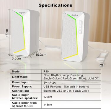 SOULION R40 Комп'ютерні колонки 2.0 USB, Bluetooth 5.3, для ноутбука та планшета (білий)