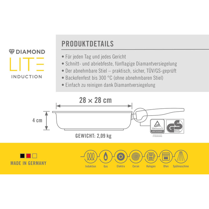 Woll Diamond Lite сковорода-гриль квадратна 28x28 см, алюмінієвий литий під тиском з діамантовим покриттям, індукція, духовка, знімний держак