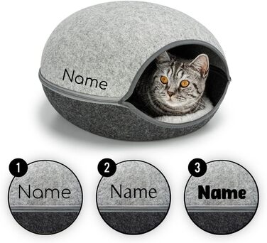 Lionto Cat Cave made of robust felt, cozy cuddle cave with zipper, 46x38x24 cm, comfortable and modern cat bed with soft and washable cushion, grey (with name tag)