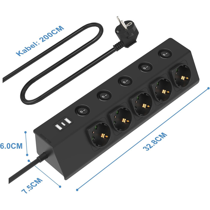 Багаторозкладна мережева розетка з USB, 5-портова, з індивідуальними вимикачами, для кухні, зі сталевою передньою панеллю, кабель 2м