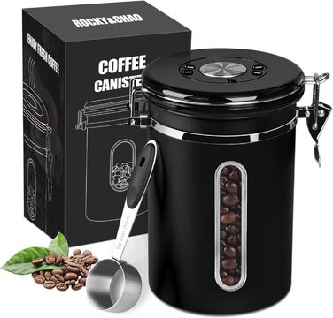 Кейс для кави ROCKY&CHAO 1.8L з нержавіючої сталі, герметичний, з вікном, для кавових зерен, чаю, горіхів, какао