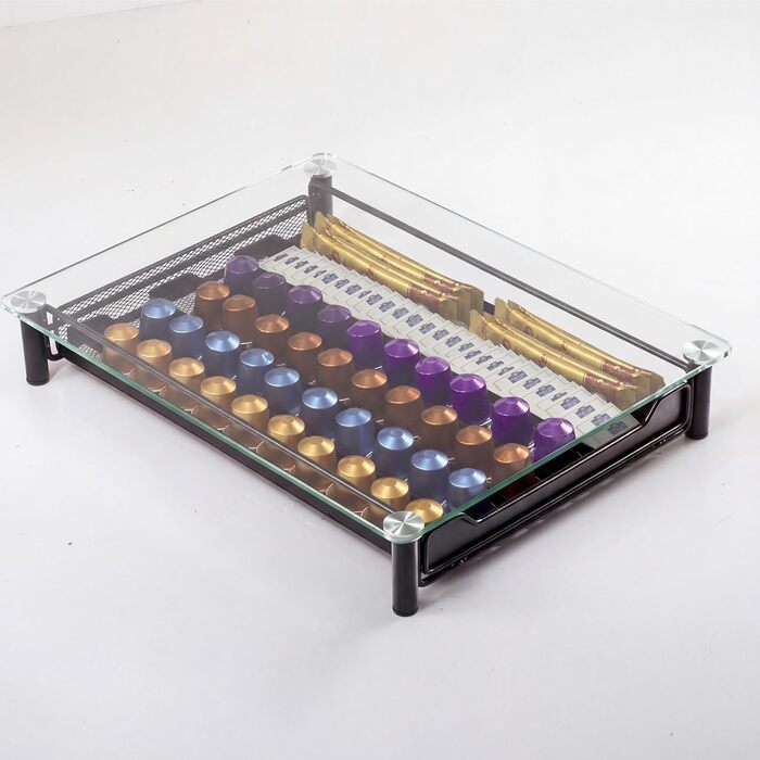 Тримач для капсул Nespresso прозорий на 60 капсул, металевий та скляний органайзер для кави, висувний дизайн