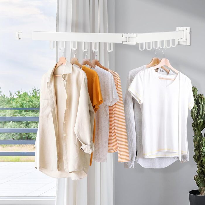 Настінна сушилка для білизни 120см, висувна, складна, з 18 гачками - для балкона, ванної, спальні, білий