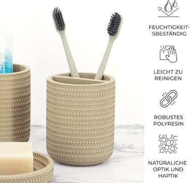 ZCCZ Bathroom Set – 4-Piece Organizer Set with Toothbrush Holder, Soap Dispenser, Cosmetic Bowl, and Cotton Swabs – Elegant Stone-Look Decor, for Modern Bathrooms (Beige 4pcs)
