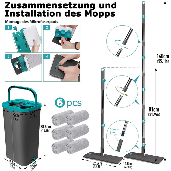 Набір для миття підлоги з відром, Masthome, компактний, з віджимом, 3 мікрофібрових насадок, нержавіюча сталь, 2 в 1, для дерев'яних, плиткових та мармурових підлог (сірий+блакитний, 3.7л)
