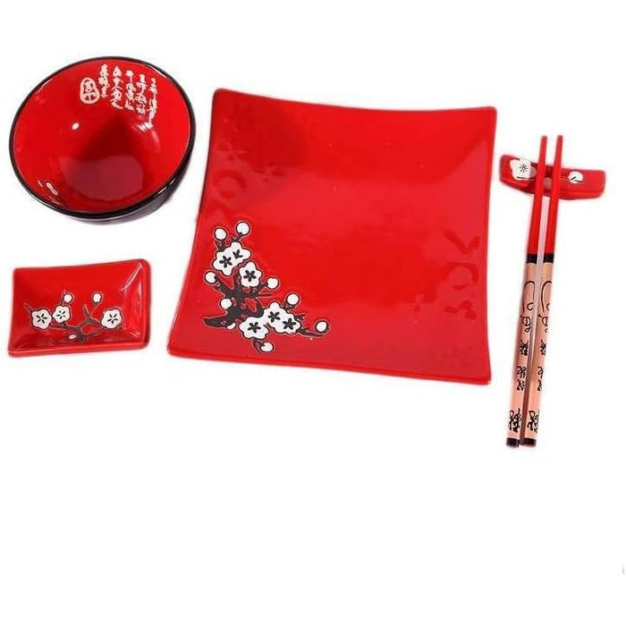 Традиційний японський набір для суші – 2 персони – червоний набір посуду з порцеляни з квітковим орнаментом (японський подарунок)