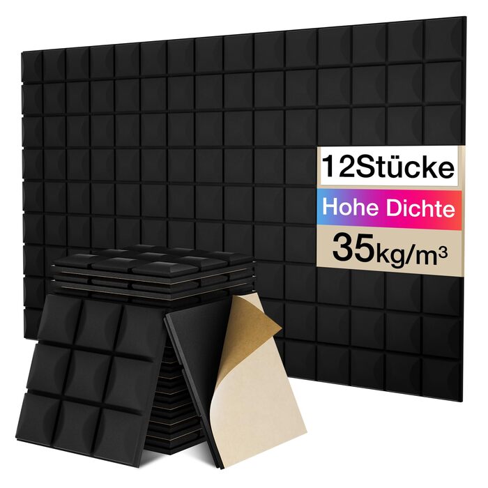 Акустичний поролон Fstop Labs, самоклеючий звукопоглинаючий панельний набір (12 шт), 30x30x3 см, щільність 35 кг/м³, 3D піна для звукоізоляції стін у студію, офіс та кімнату
