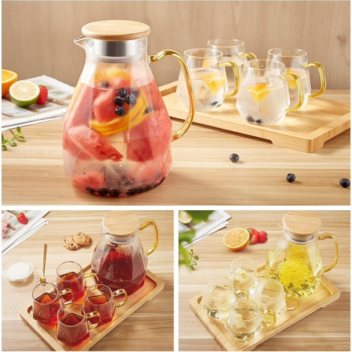 DUJUST Glass Giraffe with Lid, 2 Liters, with 4 Cups, 1 Tray, Water Pitcher in a Modern Diamond Design, Decoration for the Living Room, Heat-Resistant Glass Pitcher for Iced Tea/Milk/Coffee
