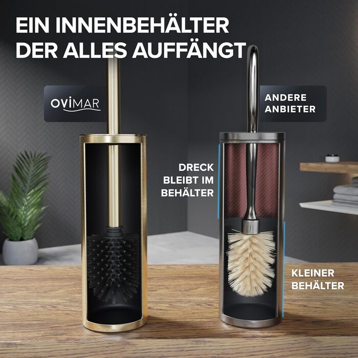 Набір для чищення унітазу Ingoy | Силіконова щітка для унітазу | Чорний | з нержавіючої сталі з кришкою | для ванної кімнати та гостьового WC | Змінний насадок | Дизайн Silvolles (Золотий)