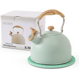 Чайник для плити LONFFERY 2.5л зі свистком, з нержавіючої сталі, з дерев'ястим декором, кришка-засувка, кремовий/білий (Турквіс)