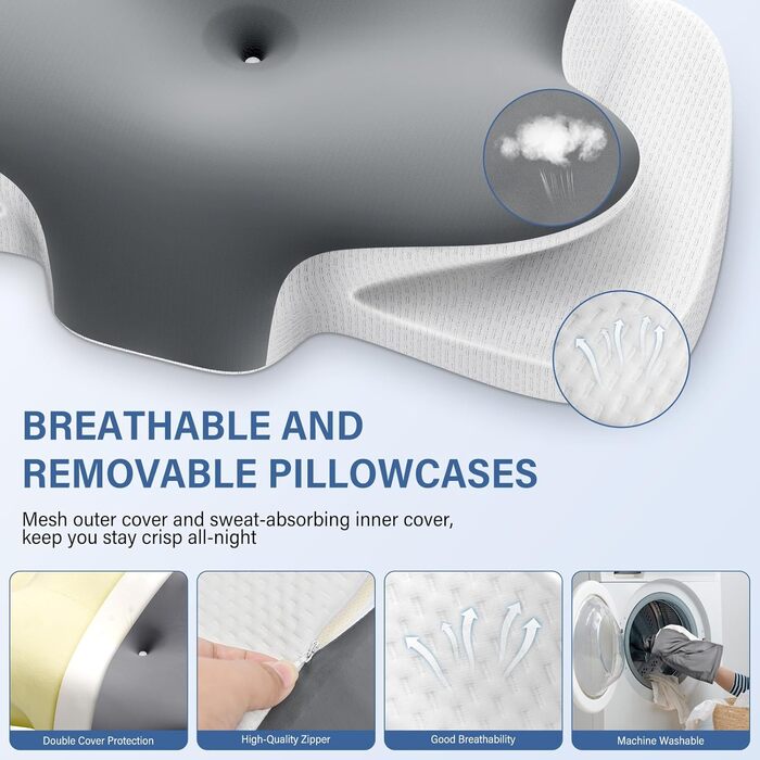 Подушка для шиї Ehomfory з ефектом пам'яті, дихаюча, ергономічна, сіра. Підходить для сну на боці, спині та животі.