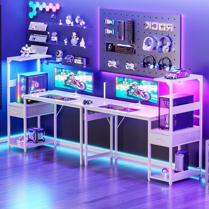 Ігровий стіл Coleshome з LED-підсвічуванням, з ящиками та полицею, регульований, з тримачем для навушників (білий карбон, 120×48 см)