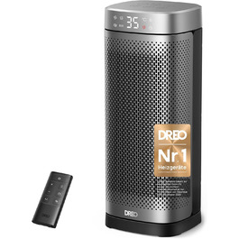 Електричний обігрівач DREO Solaris Slim H2: тихий, 2000W, керамічний, з термостатом та таймером, 70° осциляція, захист від перегріву та перекидання, срібний