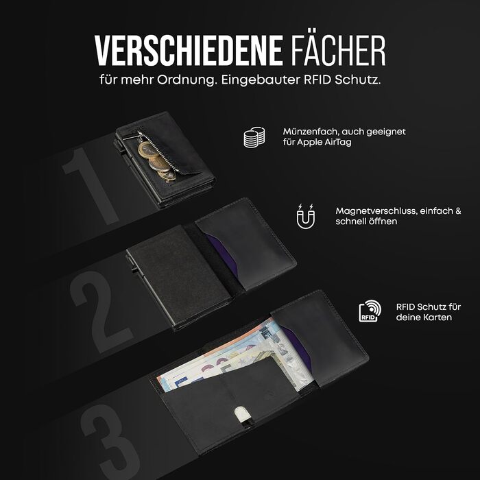 Картхолдер CARD Nine! із захистом RFID, преміум гаманець зі шкіри Crazy Horse, магнітний, з монетницею, чорний, для жінок і чоловіків
