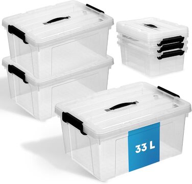3-Piece Storage Boxes with Lid | BPA Free | With or Without Carrying Handle | Storage Containers with Reinforced Bottom Structure (With Carrying Handle - Transparent, 33L)