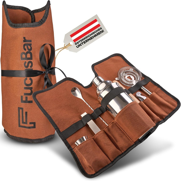 Набір шейкер для коктейлів (7 предметів) з сумкою та рецептами – преміум-якість, з дерев'яним пестиком, щипцями для льоду, ситом та іншим – аксесуари для бару, барменський набір | Компактний дизайн для дому та в дорогу