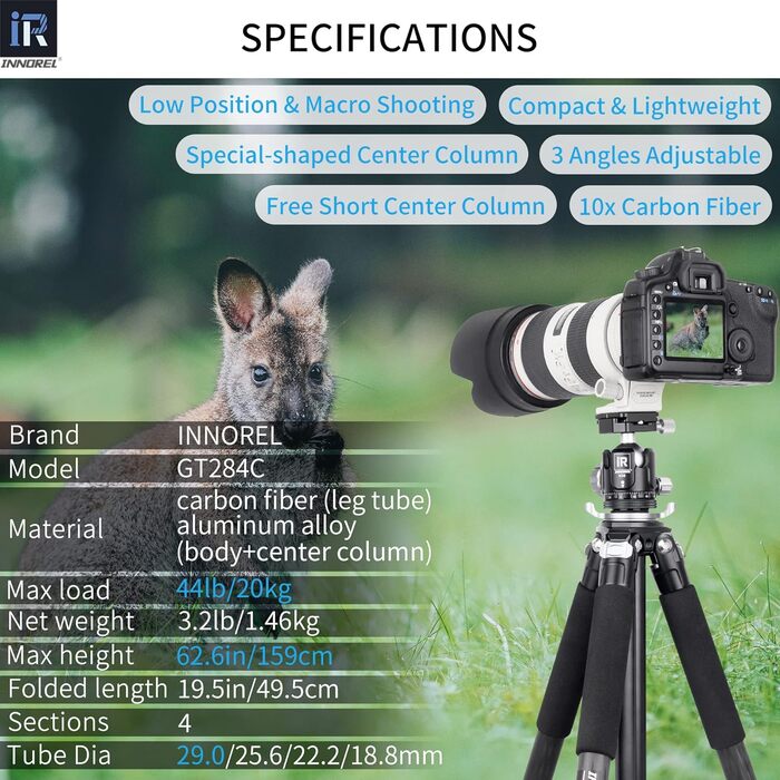 Професійний компактний вуглецевий штатив INNOREL GT284C для DSLR-камер з кулястим головкою, максимальне навантаження 25 кг