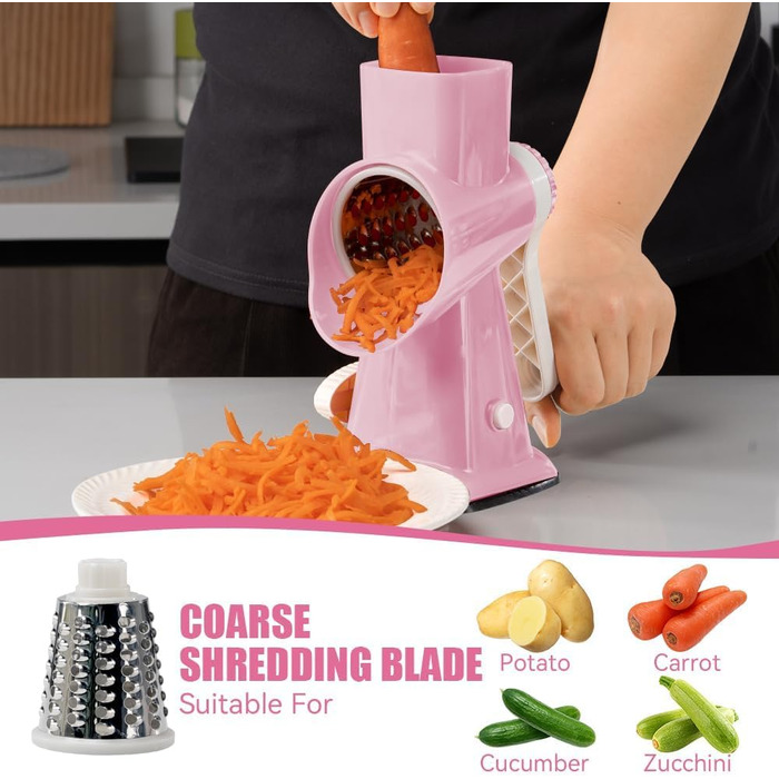 Ручна тертка для сиру та овочів Dreamhigh з ручкою, 3 змінні леза з нержавіючої сталі, ідеальна для сиру, горіхів, моркви та інших продуктів, білий колір (рожевий)