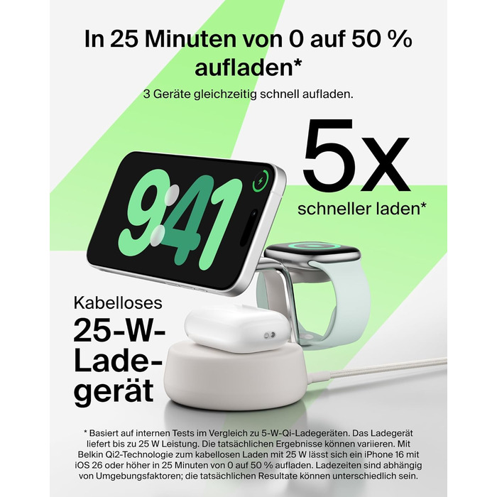 Беспроводное зарядное устройство Belkin UltraCharge Pro Qi2 3-в-1, 25W, MagSafe сумісне для iPhone, Apple Watch, AirPods, адаптер 45W, пісочний колір