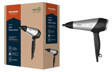 Фен GRUNDIG HD 6080 B 2200 Вт з іонізацією, керамічним покриттям та 3 режимами температури, чорний/срібний (2023)