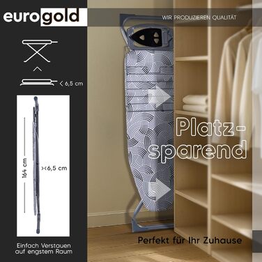 Прасувальна дошка EUROGOLD® Premium 120x42 см з підставкою для праски - стабільна, регульована по висоті, з покриттям з 100% бавовни сірого кольору