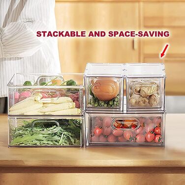 Refrigerator Organizer Drawer Set with Handle, 3-Piece Stackable Kitchen Storage Boxes with Pull-Out Drawer & Lid for Vegetables, Berries, Meat | PET Plastic Food Storage Containers (2 packs with drawer - 6L * 2)