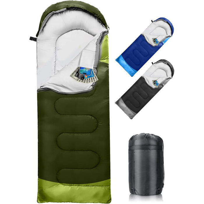 Сплячий мішок 3-4 сезони, водонепроникний, ультралегкий, для дорослих та дітей, 220*75см (Зелений)