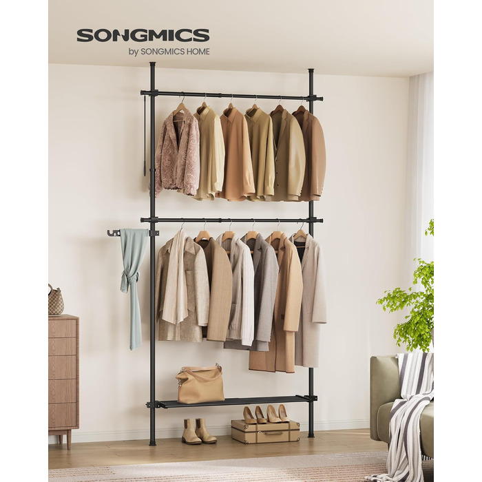 SONGMICS Telescopic Rod Clothes Rack, 3-Tier Wardrobe, Height and Width Adjustable, Open Closet with 2 Clothes Rods and Removable Shelf, Gripper Arm, Matte Black HSR136B01