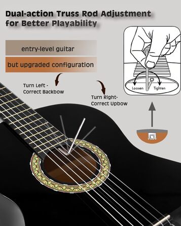 Класична гітара Winzz 4/4 для дорослих та дітей (від 11 років), набір для початківців - Чорний глянцевий (39 дюймів)