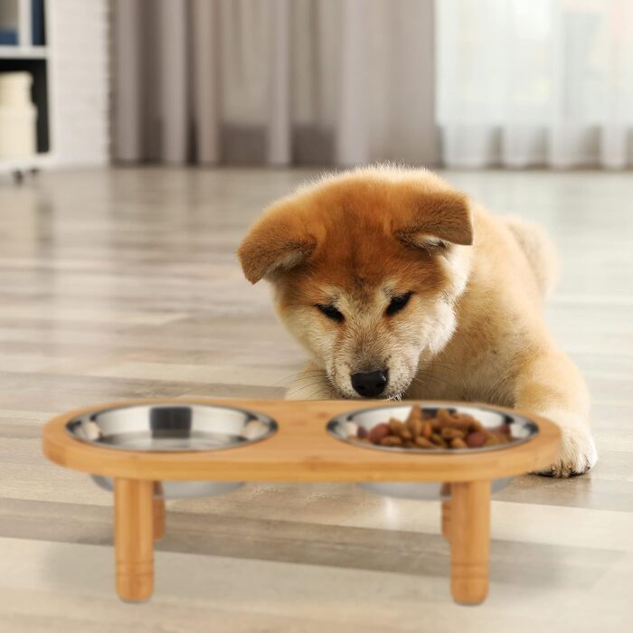 Підставка для корму Relaxdays для маленьких собак, 2 миски по 300 мл, піднята, бамбук та нержавіюча сталь, розміри: 9,5x34,5x18 см, колір: натуральний/сріблястий