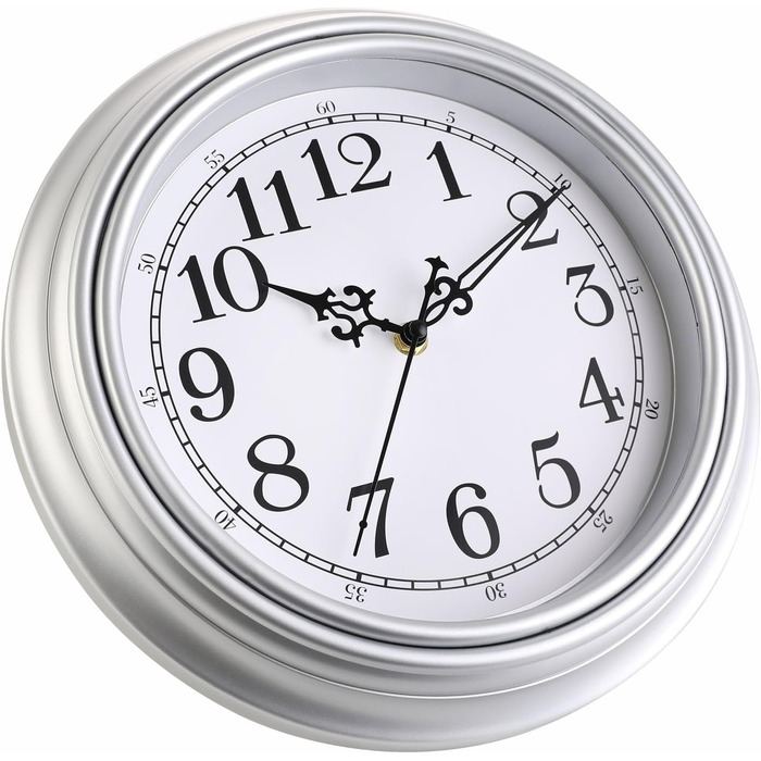 Plumeet Extra Large Wall Clock Classic Quiet Wall Clock without Ticking for Living Room - Bedroom - Battery Operated (Arabic Numerals) (25cm, Silver)