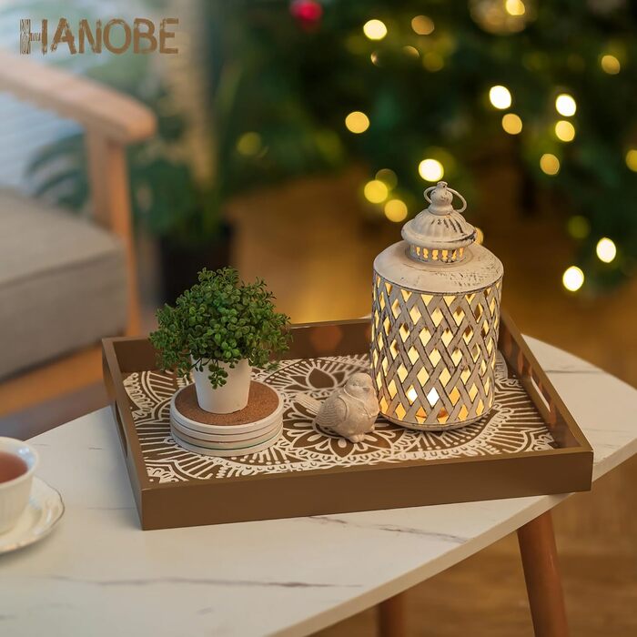 Hanobe Wooden Tray Rectangular Decorative Serving Tray: Boho Decorative Tray Flowers Wood Tray with Handle Brown Small Candle Trays Farmhouse Candle Tray for Coffee Table Tealight Kitchen Table