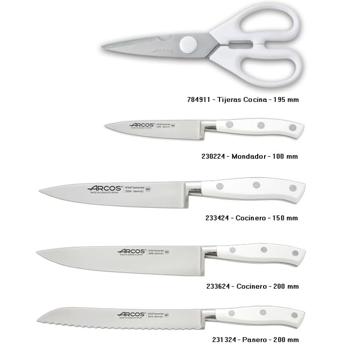 Набір ножів Arcos Riviera (5 шт.) з нержавіючої сталі, Santoku, 180 мм, рукоятка POM, білий (з підставкою)
