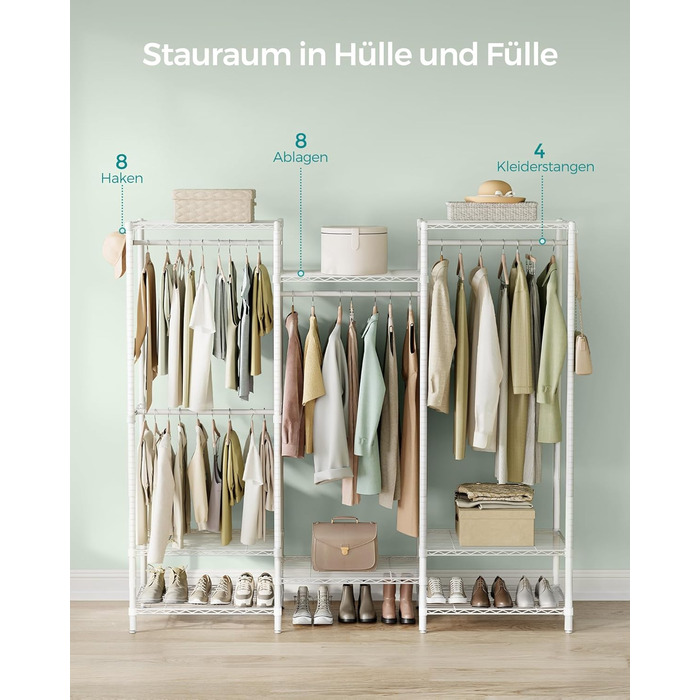 SONGMICS Clothes Rack, Open Wardrobe, Metal Coat Rack, Coat Stand with Adjustable Shelves and Clothes Rails, Hooks, High Load Capacity, Detachable, Cloud White LGR431W01